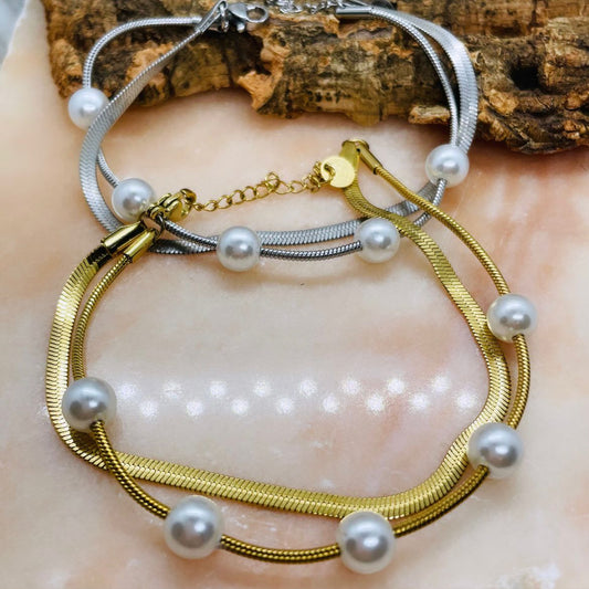 🌸🤗Bracciale in acciaio doppio con finte perle , in acciaio inossidabile, disponibile in due varianti, Gold/ Silver🌸✨